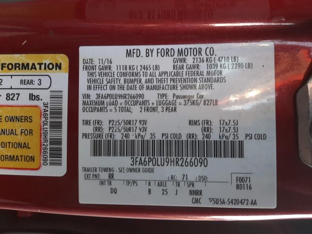 Photo 9 VIN: 3FA6P0LU9HR266090 - FORD FUSION SE 