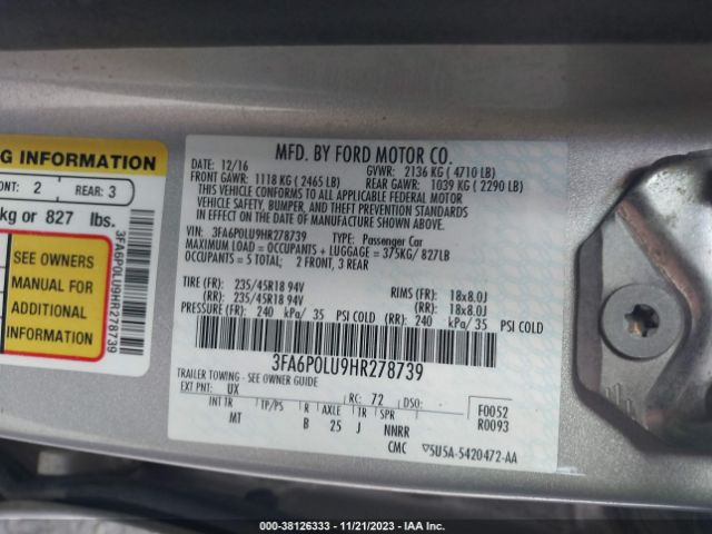 Photo 8 VIN: 3FA6P0LU9HR278739 - FORD FUSION 