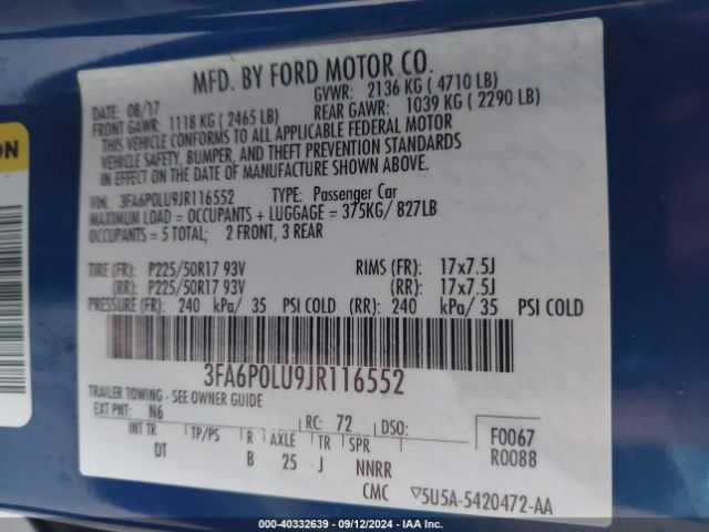 Photo 8 VIN: 3FA6P0LU9JR116552 - FORD FUSION 