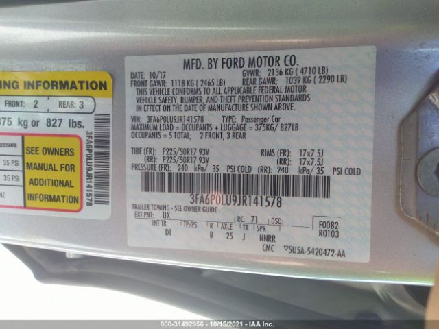 Photo 8 VIN: 3FA6P0LU9JR141578 - FORD FUSION HYBRID 