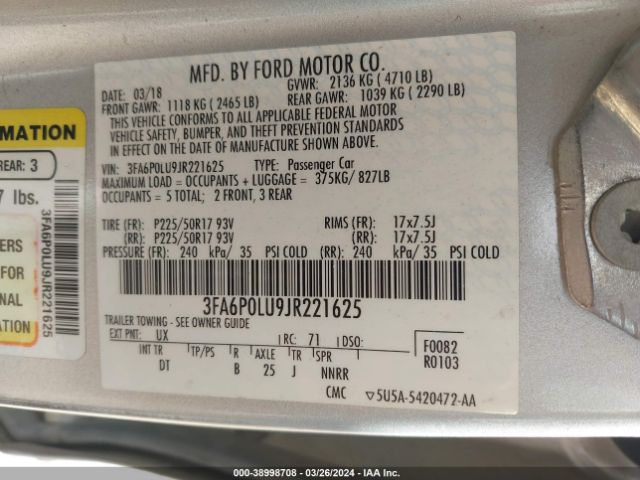 Photo 8 VIN: 3FA6P0LU9JR221625 - FORD FUSION HYBRID 