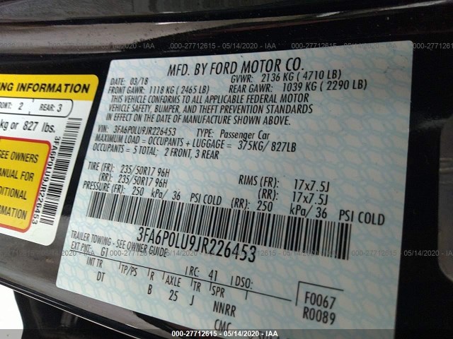 Photo 8 VIN: 3FA6P0LU9JR226453 - FORD FUSION HYBRID 