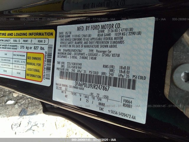 Photo 8 VIN: 3FA6P0LU9JR247867 - FORD FUSION HYBRID 