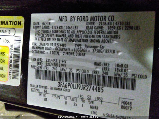 Photo 8 VIN: 3FA6P0LU9JR274485 - FORD FUSION HYBRID 