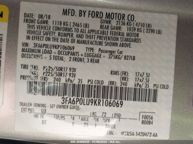 Photo 8 VIN: 3FA6P0LU9KR106069 - FORD FUSION HYBRID 