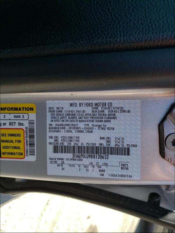 Photo 9 VIN: 3FA6P0LU9KR120652 - FORD FUSION SE 