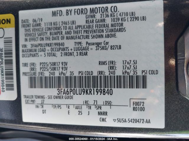 Photo 8 VIN: 3FA6P0LU9KR199840 - FORD FUSION HYBRID 