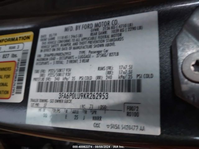 Photo 8 VIN: 3FA6P0LU9KR262953 - FORD FUSION 