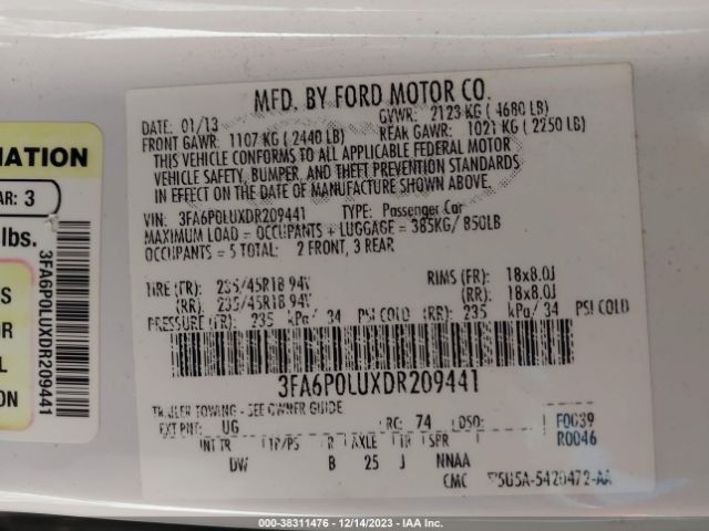 Photo 8 VIN: 3FA6P0LUXDR209441 - FORD FUSION HYBRID 