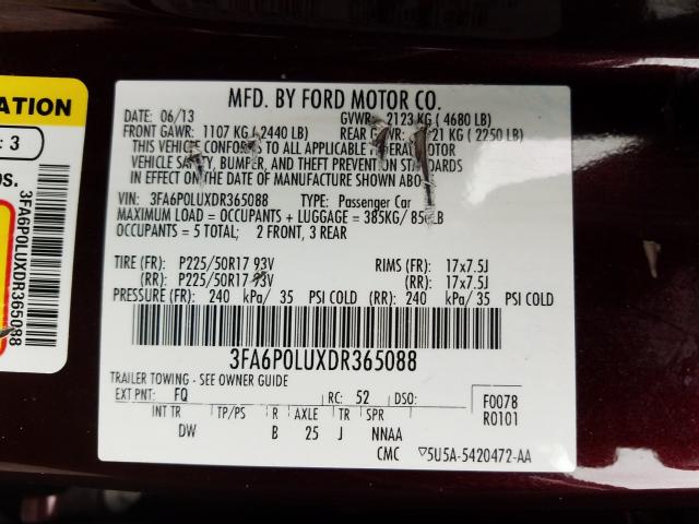 Photo 9 VIN: 3FA6P0LUXDR365088 - FORD FUSION SE 