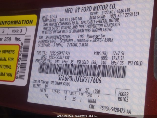 Photo 8 VIN: 3FA6P0LUXER217606 - FORD FUSION 