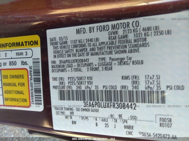 Photo 8 VIN: 3FA6P0LUXFR308442 - FORD FUSION 