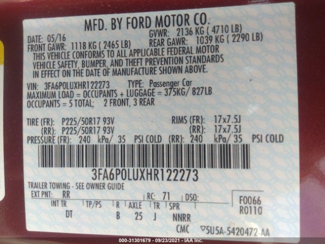 Photo 8 VIN: 3FA6P0LUXHR122273 - FORD FUSION 