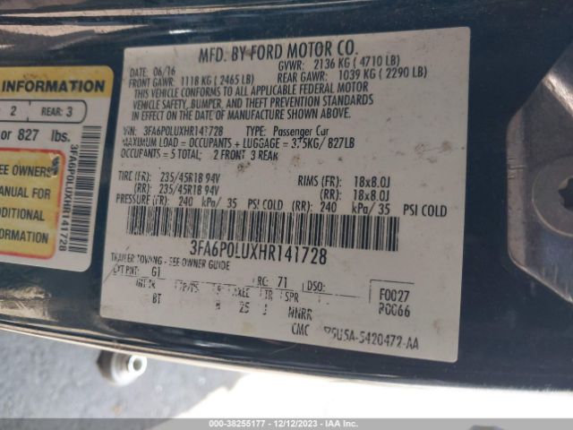 Photo 8 VIN: 3FA6P0LUXHR141728 - FORD FUSION HYBRID 