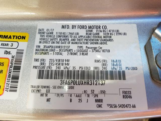 Photo 9 VIN: 3FA6P0LUXHR312137 - FORD FUSION SE 