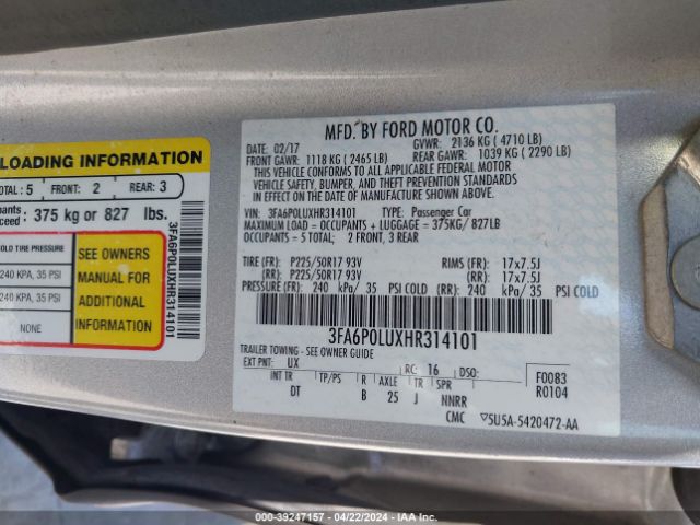 Photo 8 VIN: 3FA6P0LUXHR314101 - FORD FUSION HYBRID 