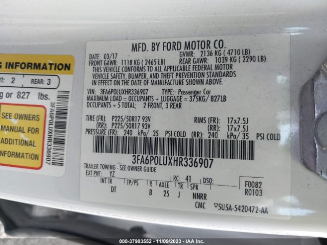 Photo 8 VIN: 3FA6P0LUXHR336907 - FORD FUSION HYBRID 