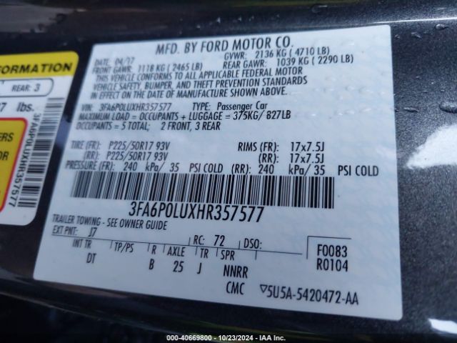 Photo 8 VIN: 3FA6P0LUXHR357577 - FORD FUSION 