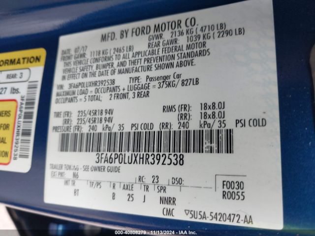 Photo 8 VIN: 3FA6P0LUXHR392538 - FORD FUSION 