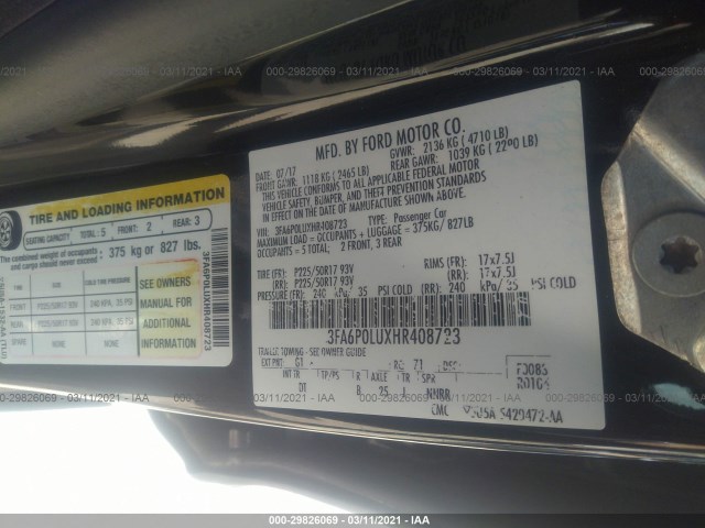 Photo 8 VIN: 3FA6P0LUXHR408723 - FORD FUSION 