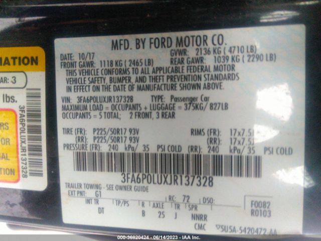 Photo 8 VIN: 3FA6P0LUXJR137328 - FORD FUSION HYBRID 