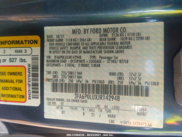 Photo 8 VIN: 3FA6P0LUXJR142948 - FORD FUSION HYBRID 