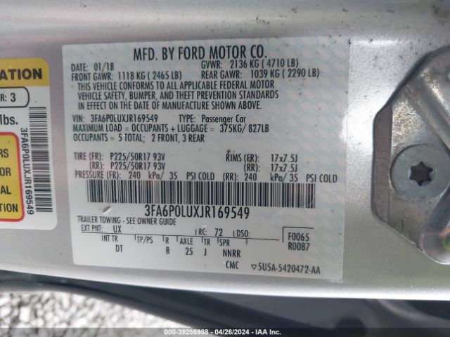 Photo 8 VIN: 3FA6P0LUXJR169549 - FORD FUSION HYBRID 