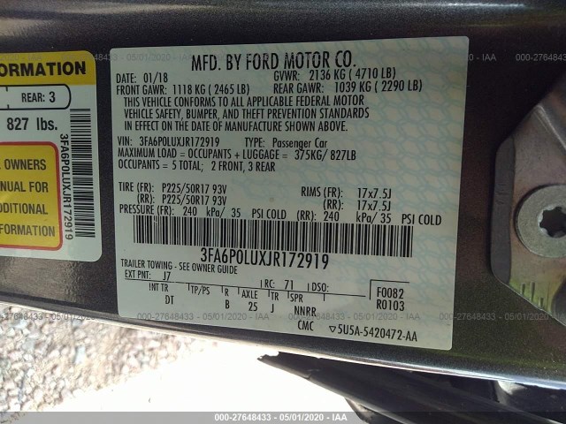 Photo 8 VIN: 3FA6P0LUXJR172919 - FORD FUSION HYBRID 