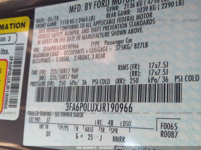 Photo 8 VIN: 3FA6P0LUXJR190966 - FORD FUSION HYBRID 