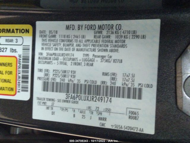 Photo 8 VIN: 3FA6P0LUXJR249174 - FORD FUSION 