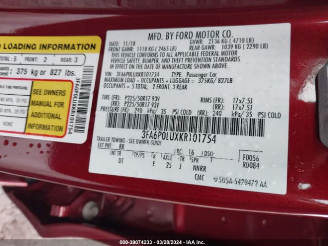 Photo 8 VIN: 3FA6P0LUXKR101754 - FORD FUSION HYBRID 