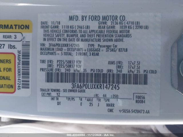 Photo 8 VIN: 3FA6P0LUXKR147245 - FORD FUSION 