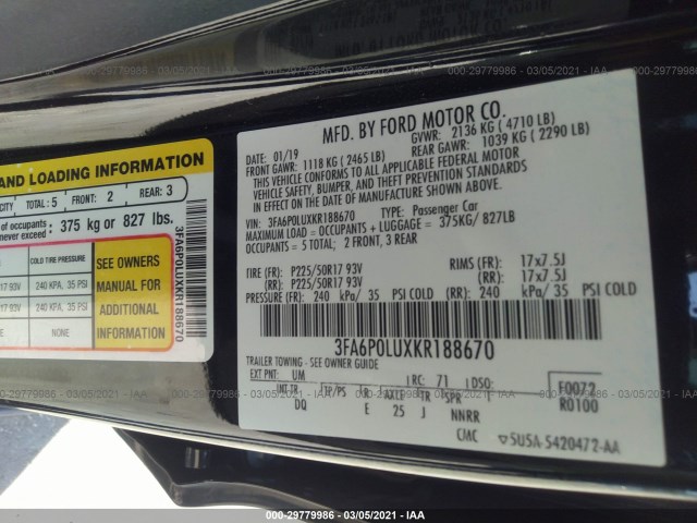 Photo 8 VIN: 3FA6P0LUXKR188670 - FORD FUSION HYBRID 