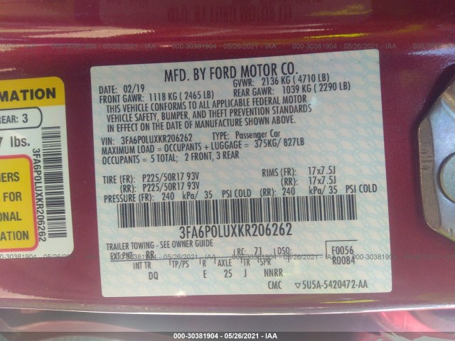 Photo 8 VIN: 3FA6P0LUXKR206262 - FORD FUSION HYBRID 