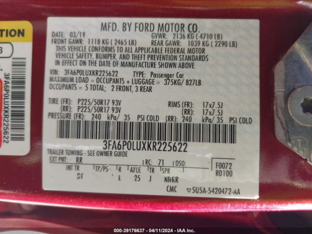 Photo 8 VIN: 3FA6P0LUXKR225622 - FORD FUSION HYBRID 