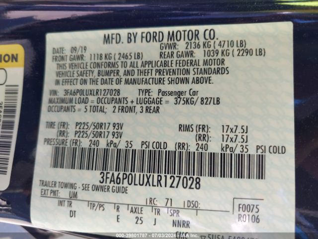 Photo 8 VIN: 3FA6P0LUXLR127028 - FORD FUSION 