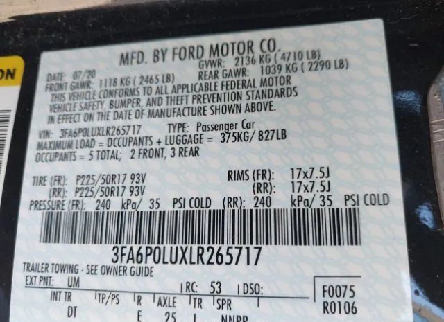 Photo 8 VIN: 3FA6P0LUXLR265717 - FORD FUSION 