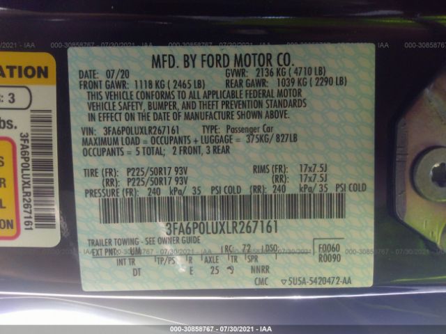 Photo 8 VIN: 3FA6P0LUXLR267161 - FORD FUSION HYBRID 