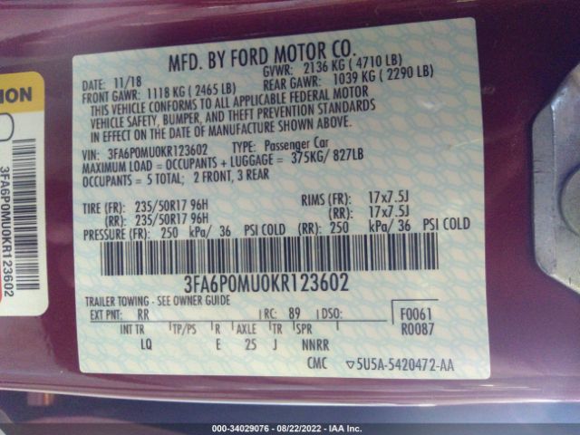 Photo 8 VIN: 3FA6P0MU0KR123602 - FORD FUSION HYBRID 