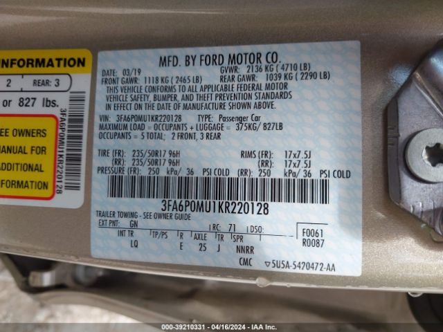 Photo 8 VIN: 3FA6P0MU1KR220128 - FORD FUSION HYBRID 