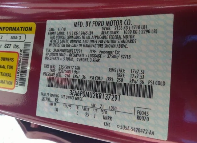 Photo 8 VIN: 3FA6P0MU2KR137291 - FORD FUSION HYBRID 