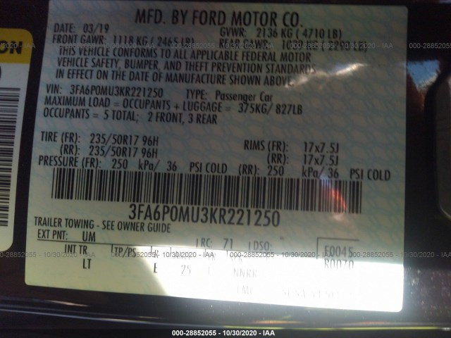 Photo 8 VIN: 3FA6P0MU3KR221250 - FORD FUSION HYBRID 