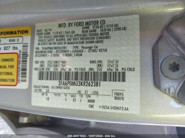 Photo 8 VIN: 3FA6P0MU3KR262381 - FORD FUSION 