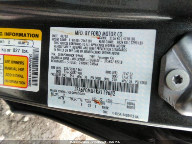 Photo 8 VIN: 3FA6P0MU4KR119682 - FORD FUSION HYBRID 