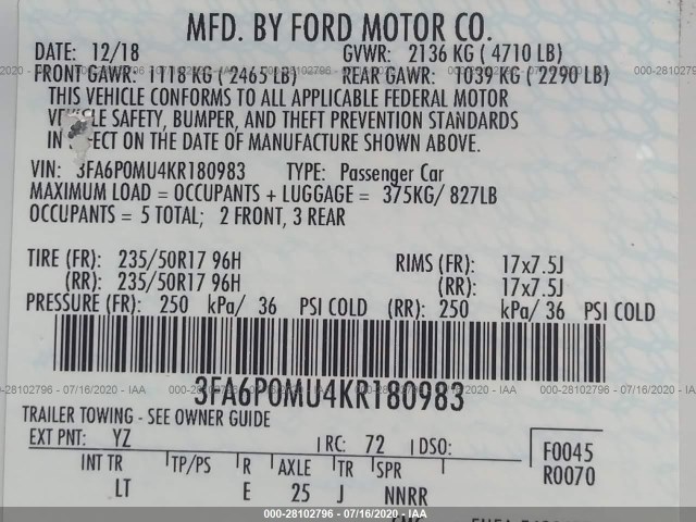 Photo 8 VIN: 3FA6P0MU4KR180983 - FORD FUSION HYBRID 