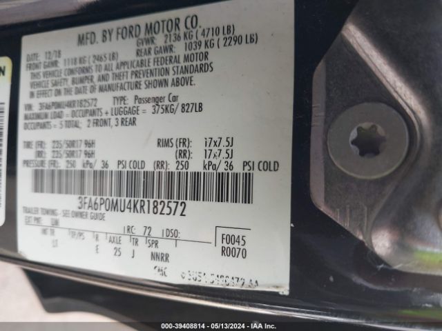 Photo 8 VIN: 3FA6P0MU4KR182572 - FORD FUSION HYBRID 