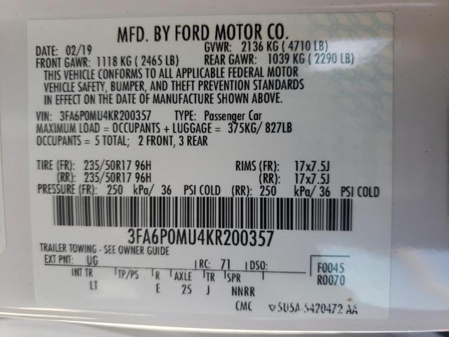 Photo 9 VIN: 3FA6P0MU4KR200357 - FORD FUSION SEL 