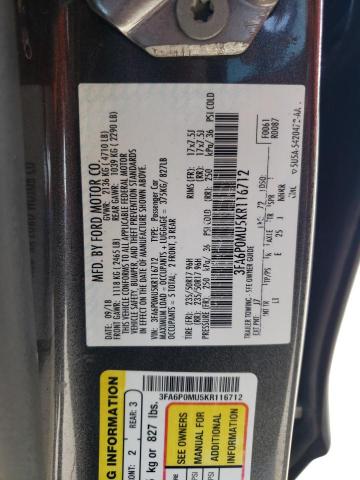 Photo 11 VIN: 3FA6P0MU5KR116712 - FORD FUSION SEL 