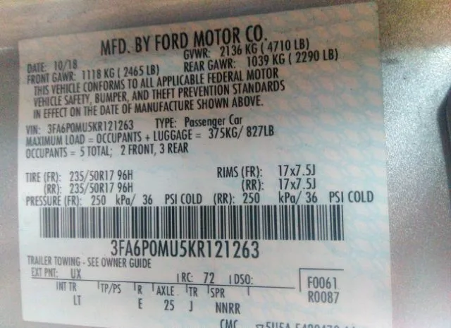 Photo 8 VIN: 3FA6P0MU5KR121263 - FORD FUSION HYBRID 