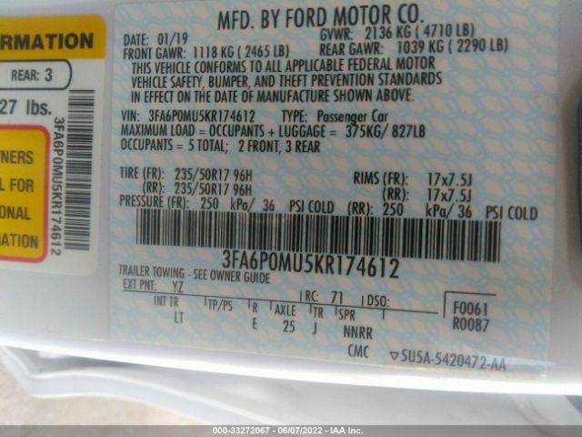 Photo 8 VIN: 3FA6P0MU5KR174612 - FORD FUSION HYBRID 